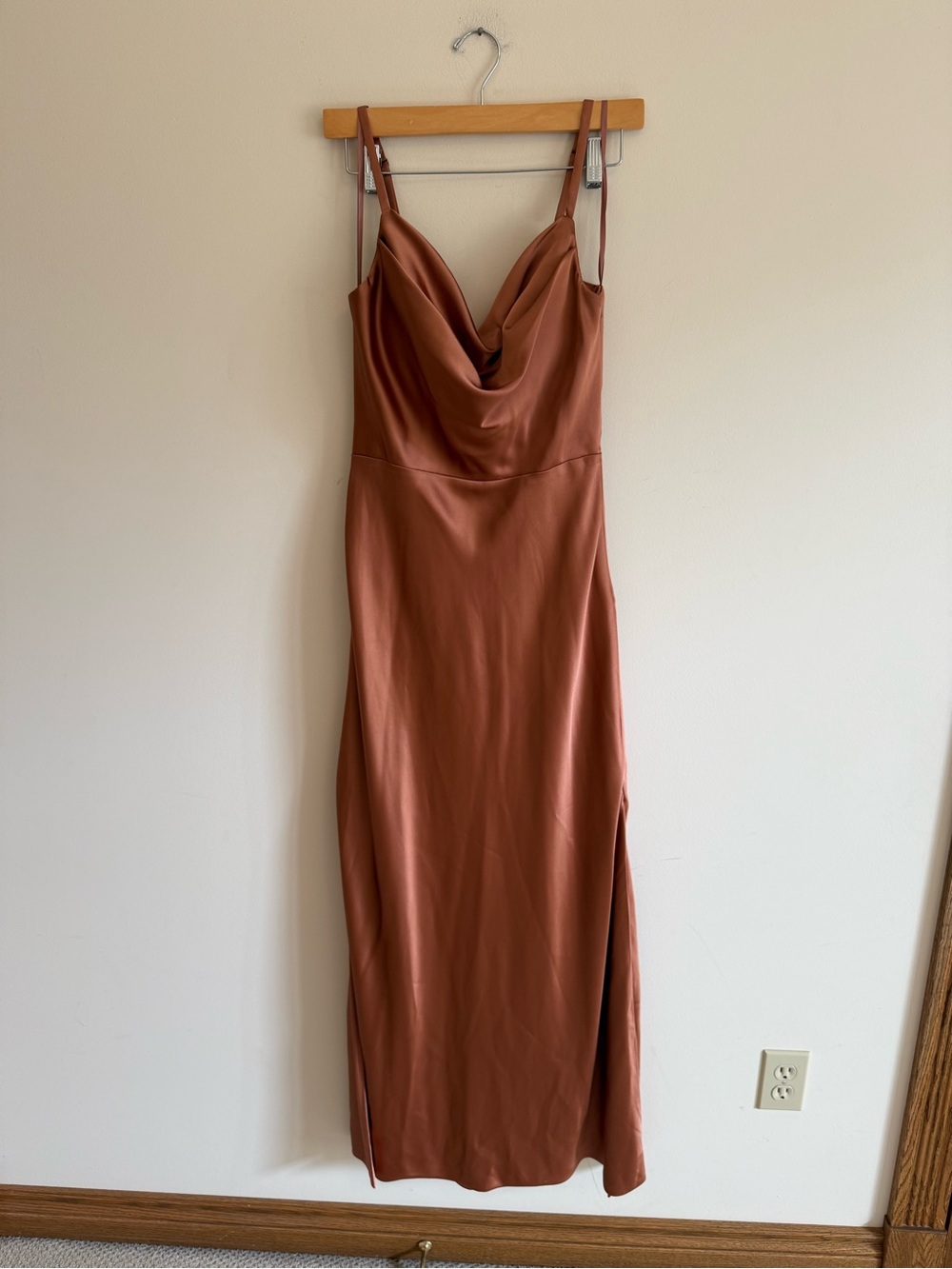 Revelry Satin Cowl-Neck Maxi Dress in Rust